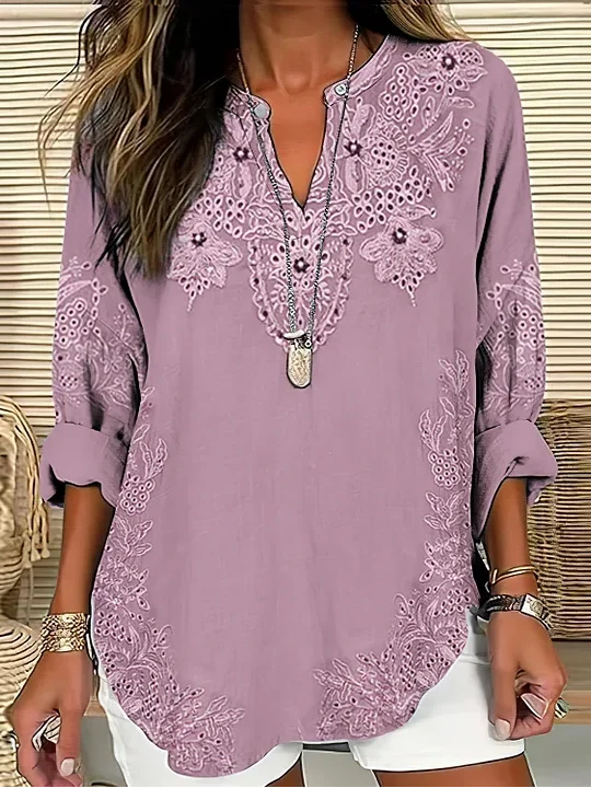 Women Floral Long Sleeve Blouse Spring/Fall Printing V Neck Daily Casual Top