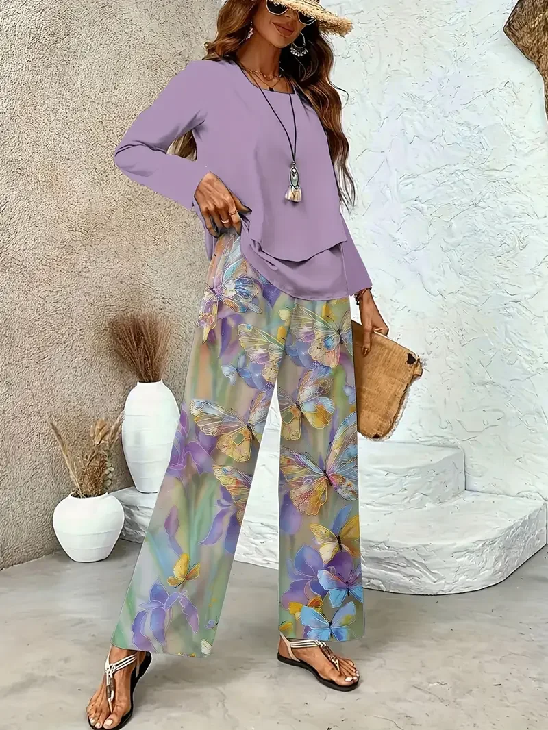 Women Floral Printing Two-Piece Set Daily Long Sleeve Casual Spring/Fall Top With Pants Matching Set