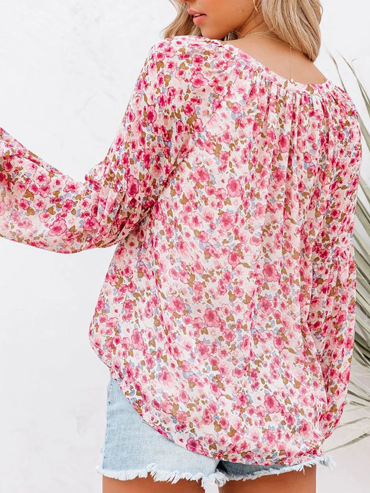 Women Floral Long Sleeve Shirt Spring/Fall Printing V Neck Balloon Sleeve Daily Casual Top