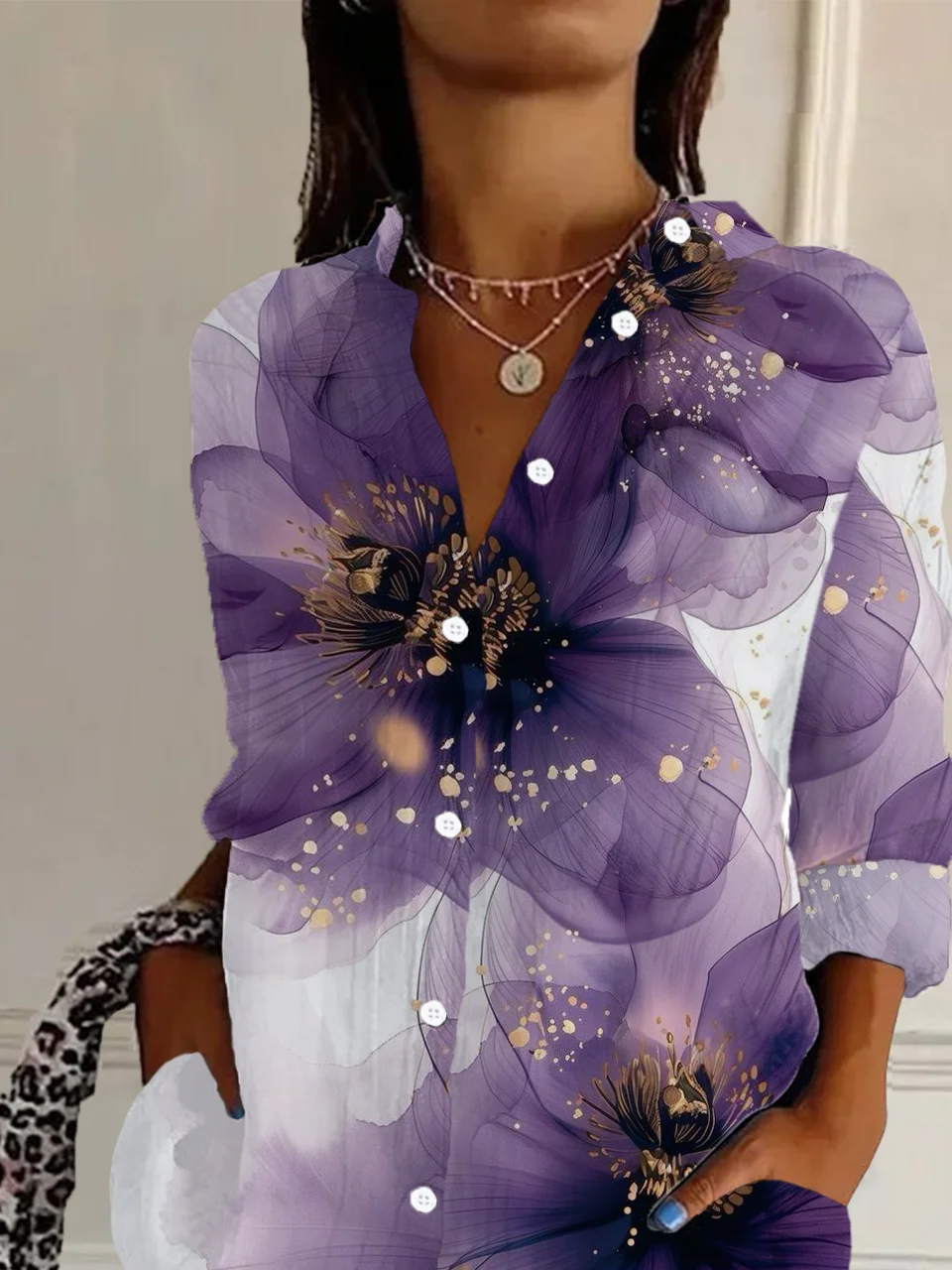 Women Floral Long Sleeve Shirt Spring/Fall Buckle Shirt Collar Regular Sleeve Daily Casual Top