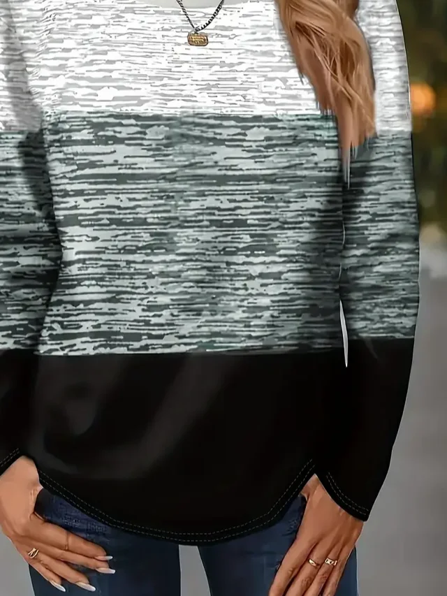 Women Multicolor Block Long Sleeve Tee T-shirt Crew Neck Printing Casual Spring/Fall Graphic Tee Top
