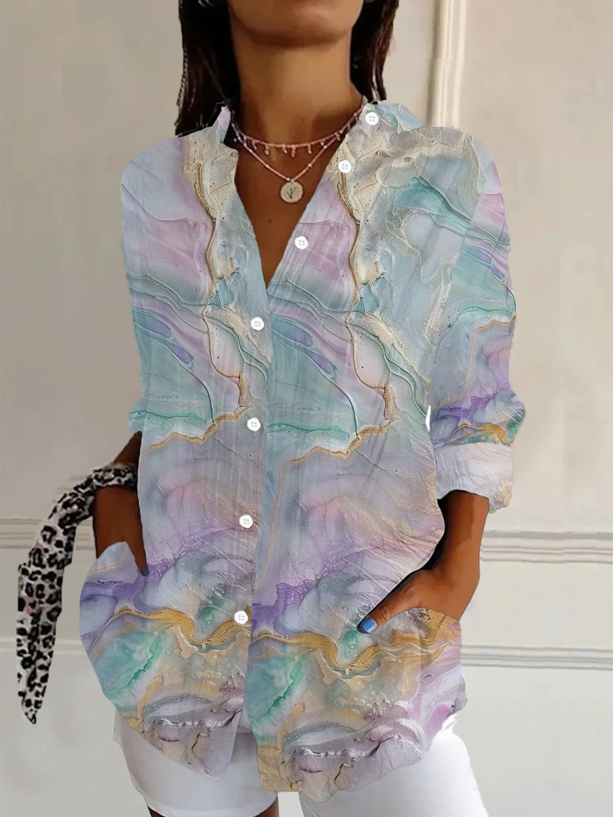 Women Abstract Long Sleeve Shirt Spring/Fall Buckle Shirt Collar Regular Sleeve Daily Casual Top