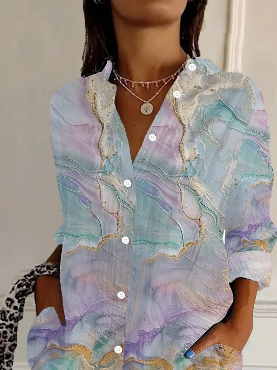 Women Abstract Long Sleeve Shirt Spring/Fall Buckle Shirt Collar Regular Sleeve Daily Casual Top