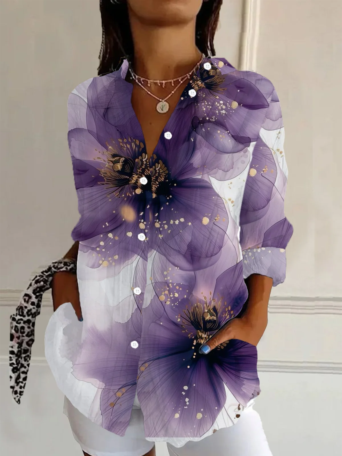 Women Floral Long Sleeve Shirt Spring/Fall Buckle Shirt Collar Regular Sleeve Daily Casual Top