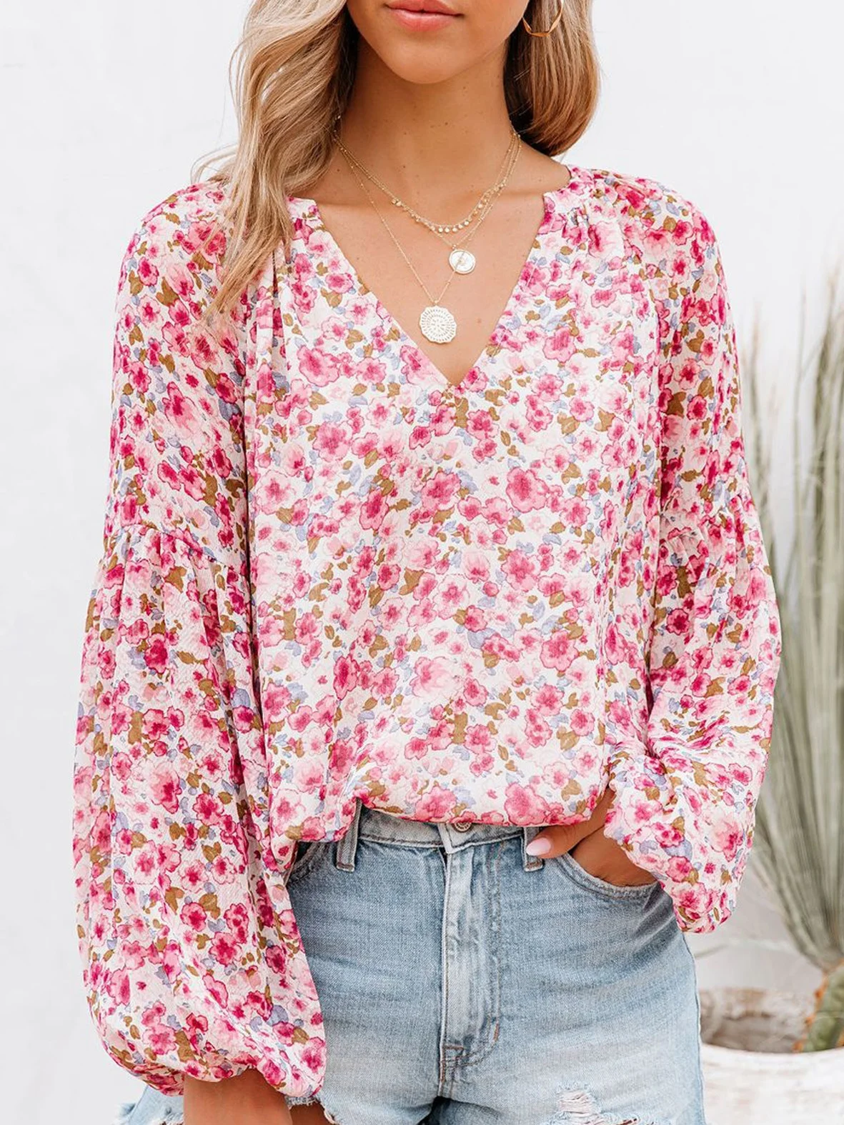 Women Floral Long Sleeve Shirt Spring/Fall Printing V Neck Balloon Sleeve Daily Casual Top