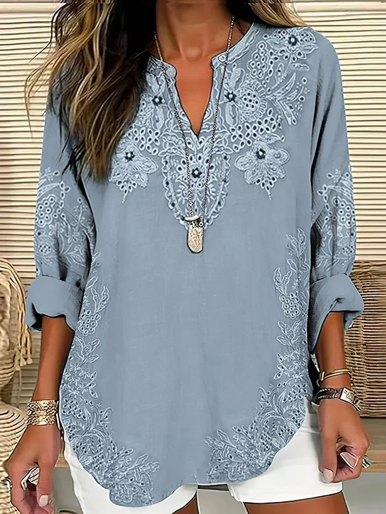 Women Floral Long Sleeve Blouse Spring/Fall Printing V Neck Daily Casual Top