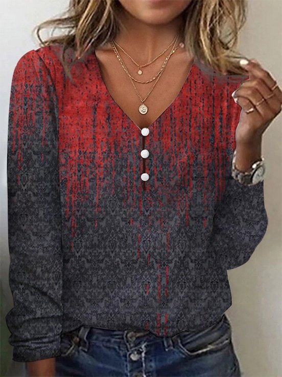 Women Geometric Long Sleeve Tee T-shirt V Neck Printing Vintage Spring/Fall Top