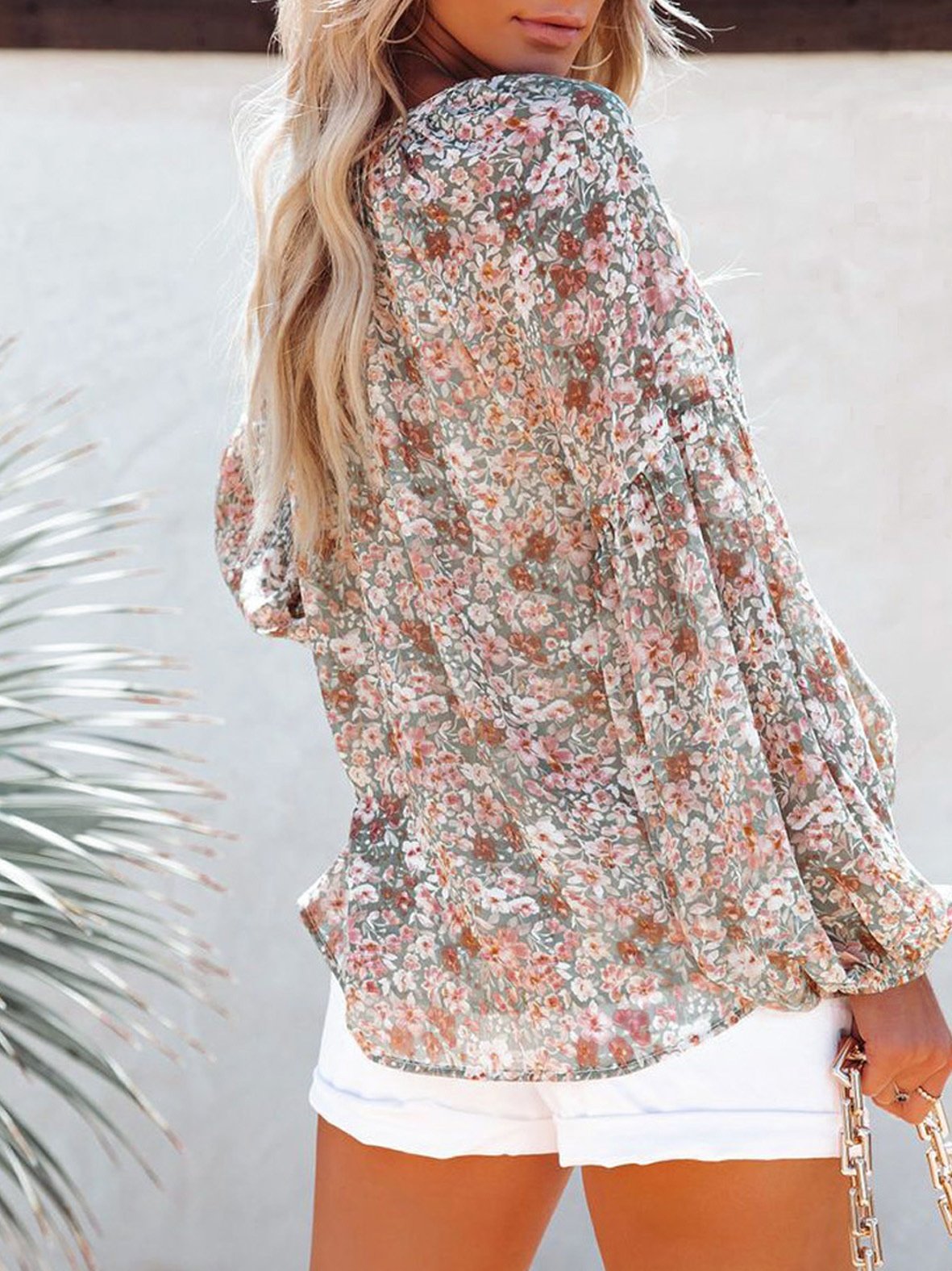 Women Floral Long Sleeve Shirt Spring/Fall Printing V Neck Balloon Sleeve Daily Casual Top