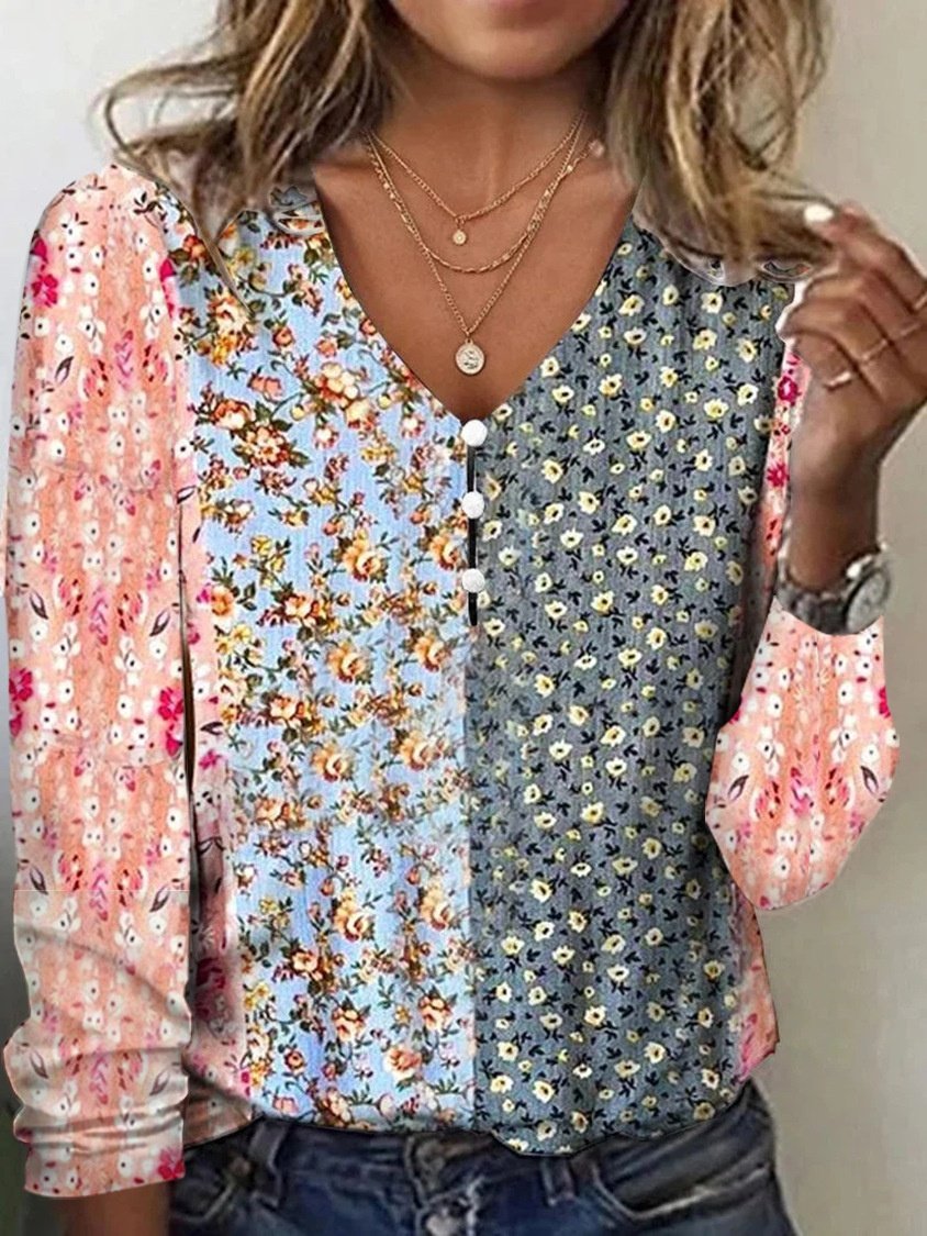 Women Geometric Long Sleeve Tee T-shirt V Neck Printing Vintage Spring/Fall Top