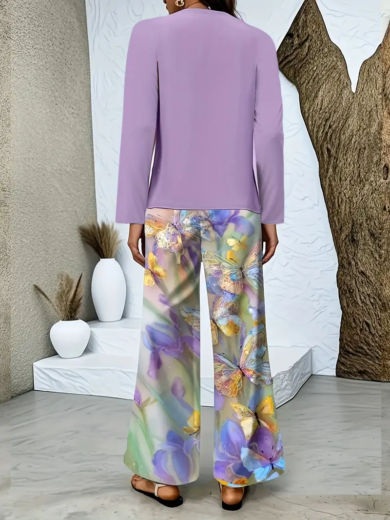 Women Floral Printing Two-Piece Set Daily Long Sleeve Casual Spring/Fall Top With Pants Matching Set
