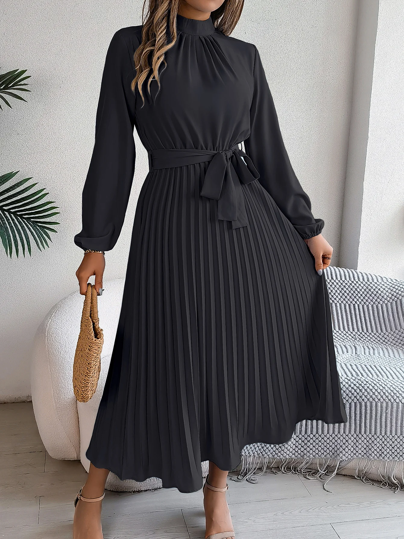 Women Plain Short Sleeve Summer Split Joint Dress Stand Collar Daily Vintage Maxi Tank A-Line Dress