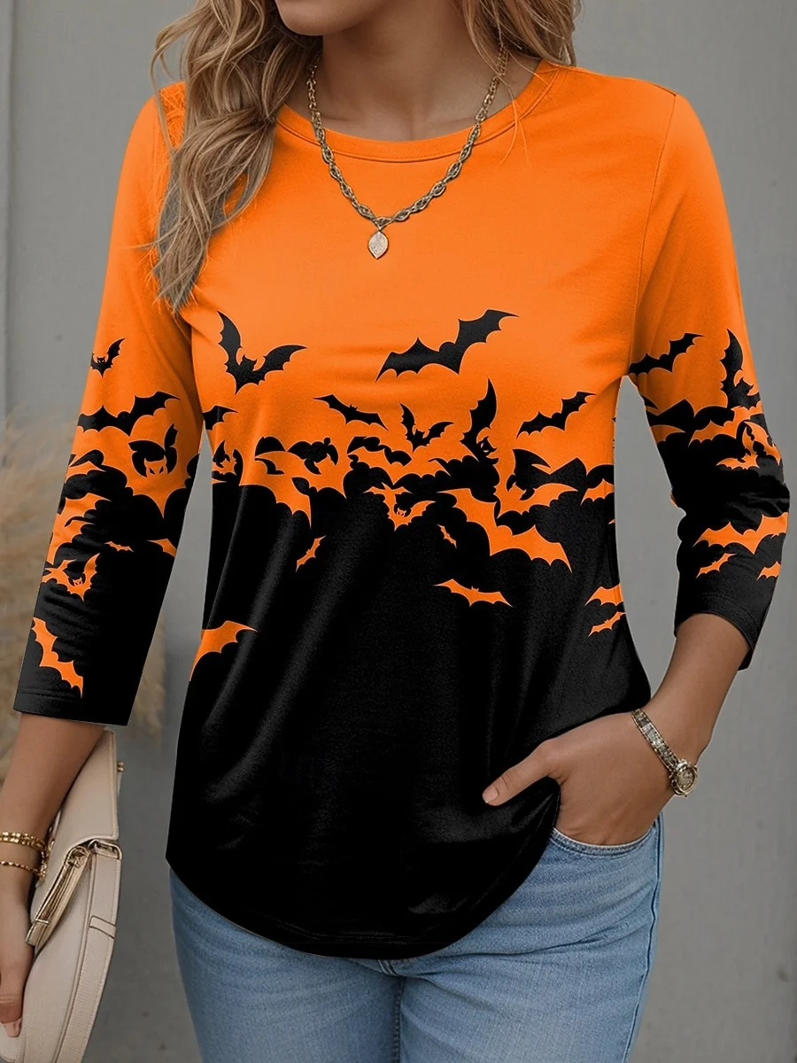 Women Halloween Long Sleeve Tee T-shirt Crew Neck Vintage Spring/Fall Top