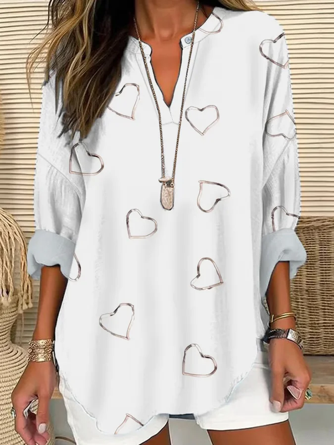 Women Heart/Cordate Long Sleeve Blouse Spring/Fall Printing V Neck Daily Casual Top