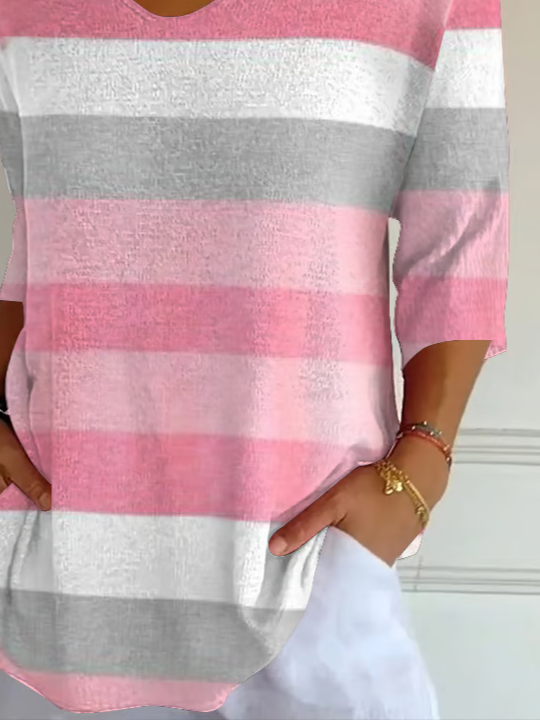Women Striped Three Quarter Sleeve Tee T-shirt V Neck Printing Casual Spring/Fall Graphic Tee Top