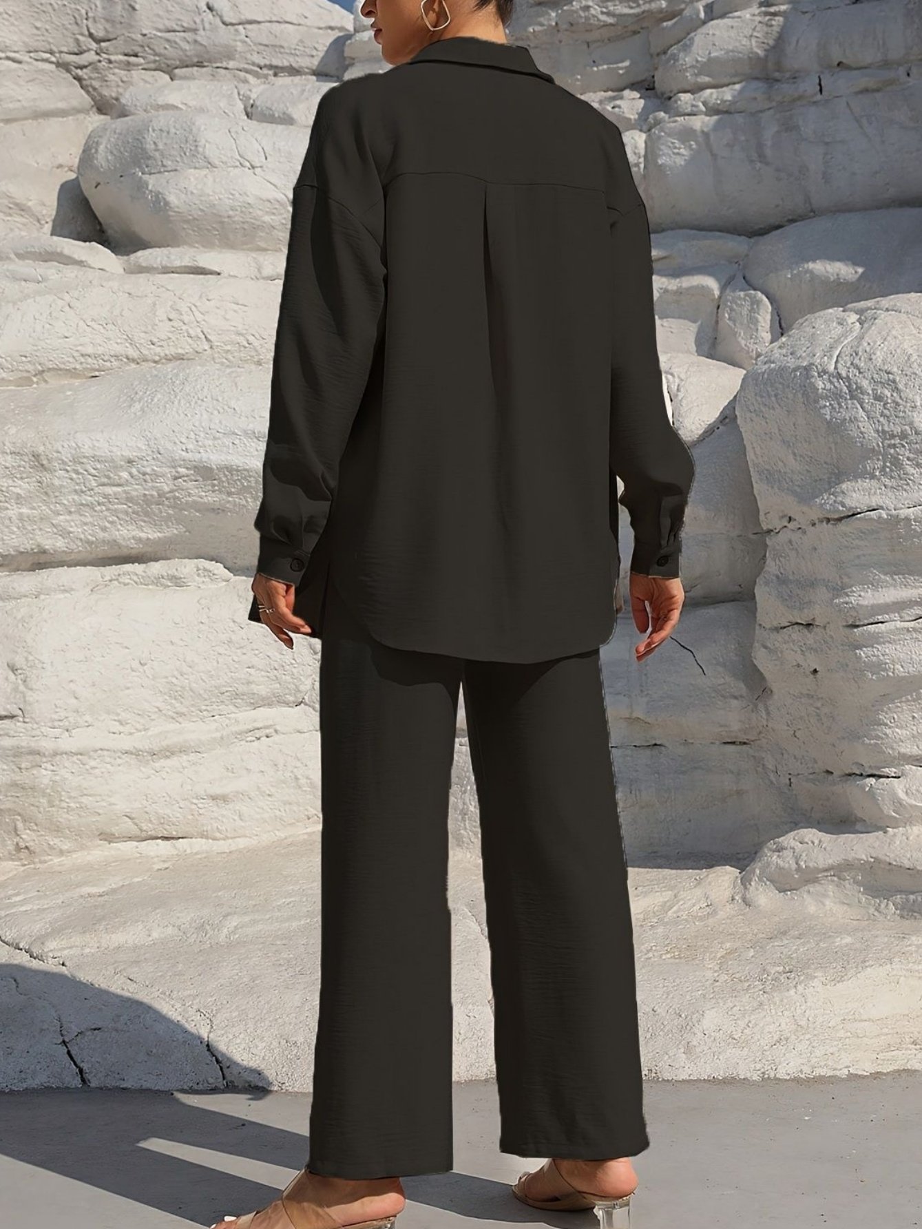 Women Plain Split Joint Two-Piece Set Daily Long Sleeve Casual Spring/Fall Top With Pants Matching Set