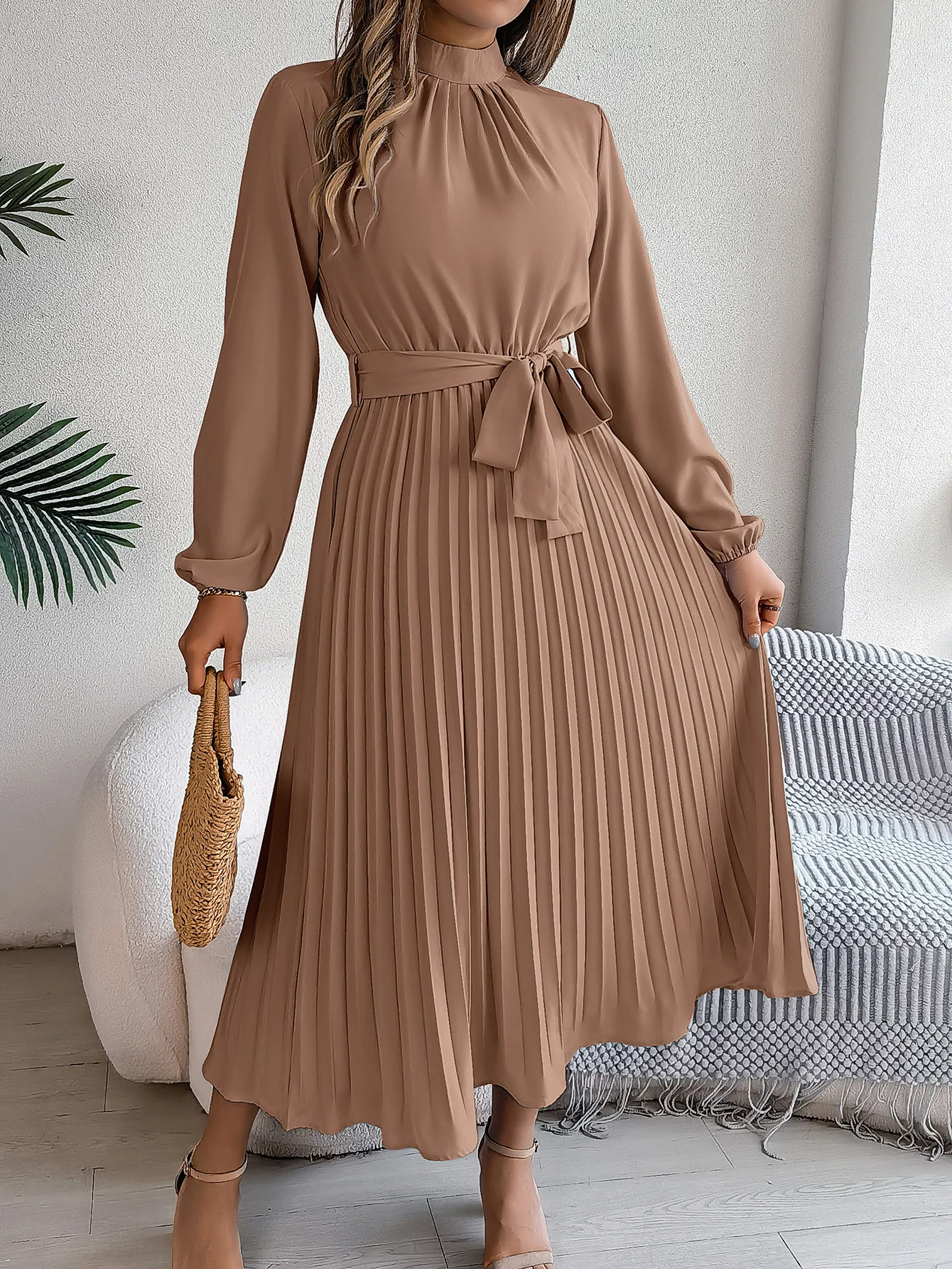 Women Plain Short Sleeve Summer Split Joint Dress Stand Collar Daily Vintage Maxi Tank A-Line Dress