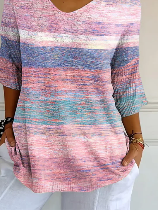 Women Abstract Stripes Three Quarter Sleeve Tee T-shirt V Neck Printing Casual Spring/Fall Graphic Tee Top