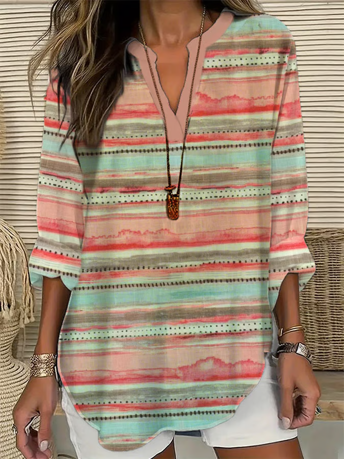 Women Abstract Stripes Long Sleeve Blouse Spring/Fall Printing V Neck Daily Casual Top