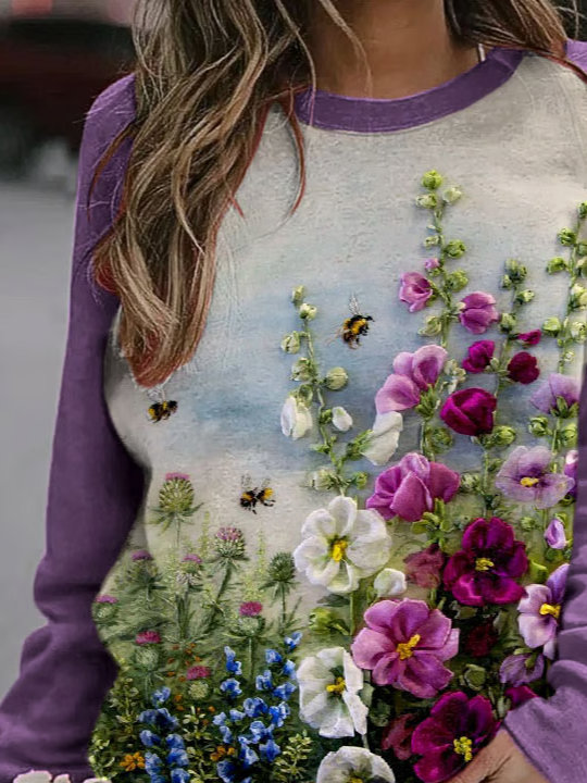 Women Floral Crew Neck Printing Casual Spring/Fall Long Sleeve Sweatshirt