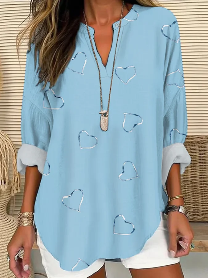 Women Heart/Cordate Long Sleeve Blouse Spring/Fall Printing V Neck Daily Casual Top