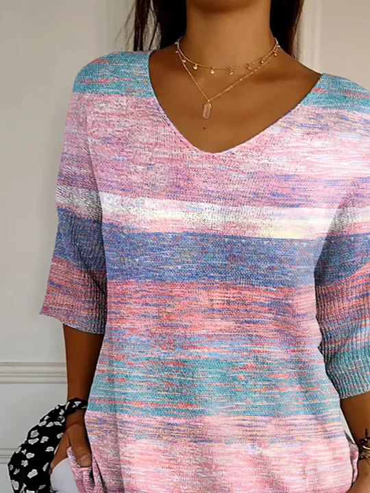 Women Abstract Stripes Three Quarter Sleeve Tee T-shirt V Neck Printing Casual Spring/Fall Graphic Tee Top