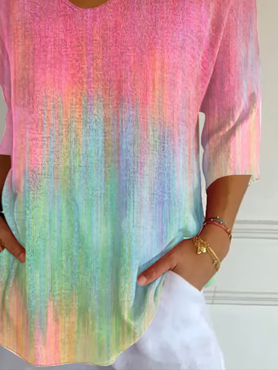 Women Abstract Three Quarter Sleeve Tee T-shirt V Neck Printing Casual Spring/Fall Graphic Tee Top