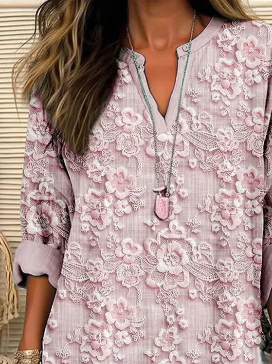 Women Floral Long Sleeve Blouse Spring/Fall Printing V Neck Daily Casual Top