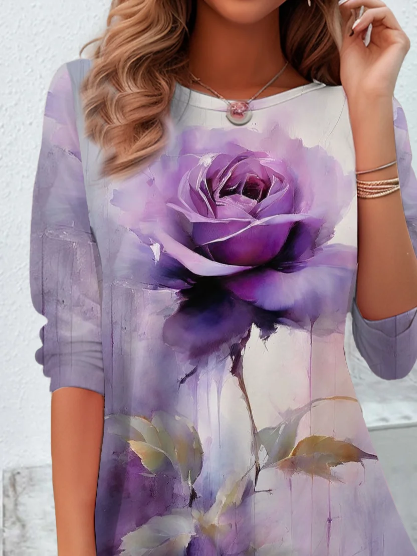 Women Abstract Long Sleeve Tee T-shirt Crew Neck Printing Casual Spring/Fall Graphic Tee Top