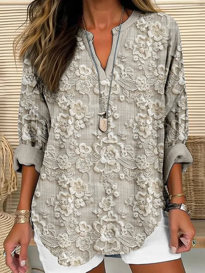 Women Floral Long Sleeve Blouse Spring/Fall Printing V Neck Daily Casual Top