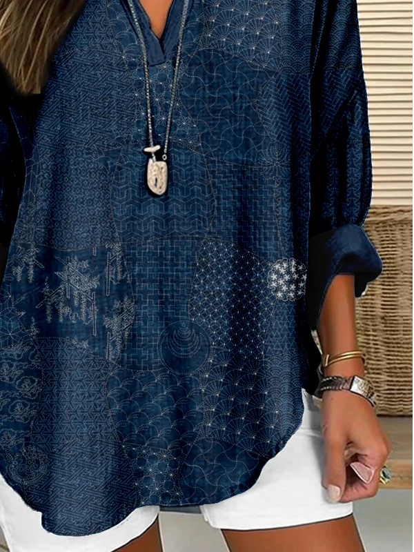Women Abstract Long Sleeve Blouse Spring/Fall Printing V Neck Daily Casual Top