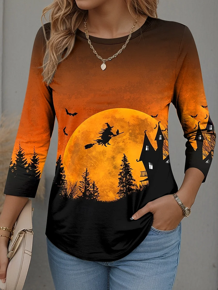 Women Halloween Long Sleeve Tee T-shirt Crew Neck Vintage Spring/Fall Top
