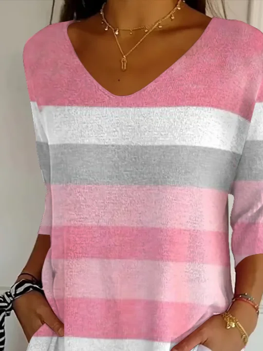 Women Striped Three Quarter Sleeve Tee T-shirt V Neck Printing Casual Spring/Fall Graphic Tee Top