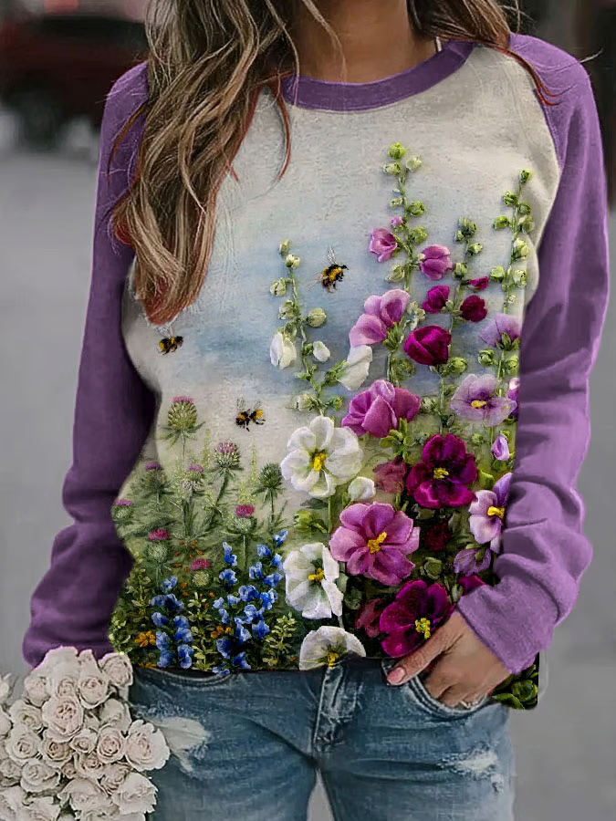 Women Floral Crew Neck Printing Casual Spring/Fall Long Sleeve Sweatshirt
