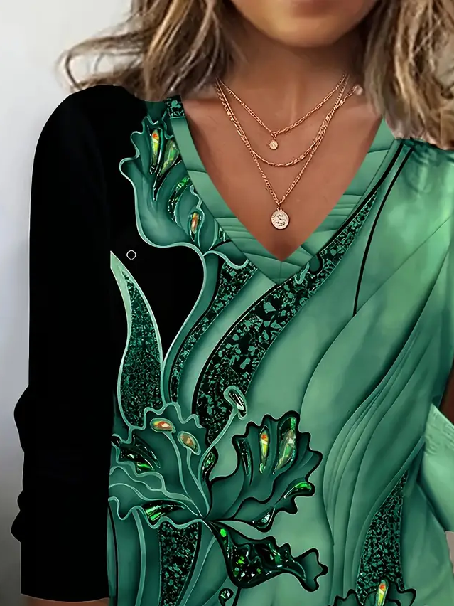 Women Floral Long Sleeve Tee T-shirt V Neck Printing Casual Spring/Fall Graphic Tee Top