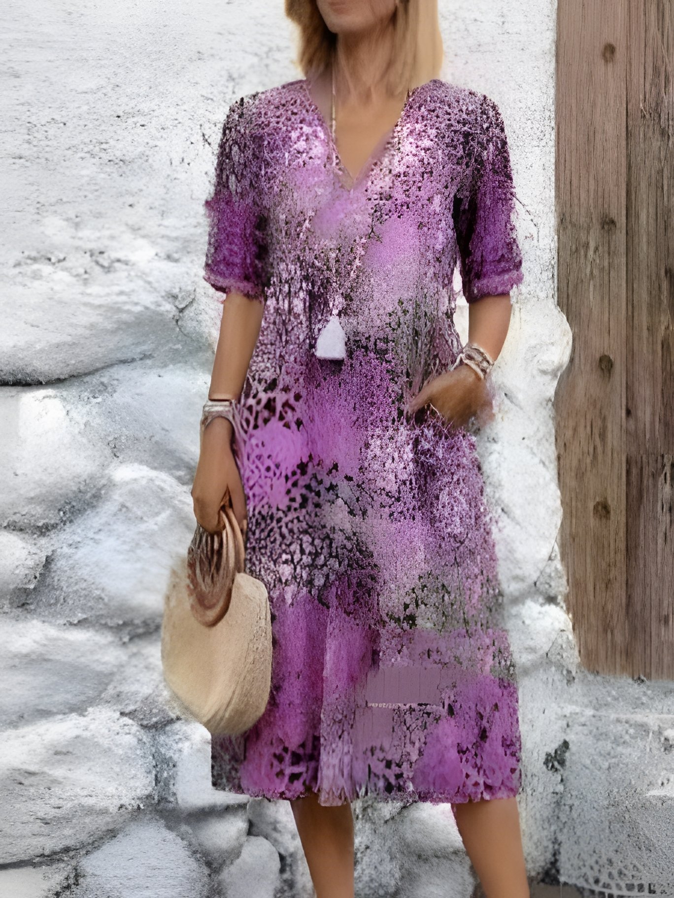 Women Floral Short Sleeve Summer Printing Dress V Neck Daily Vintage Maxi T-Shirt Dress A-Line Dress