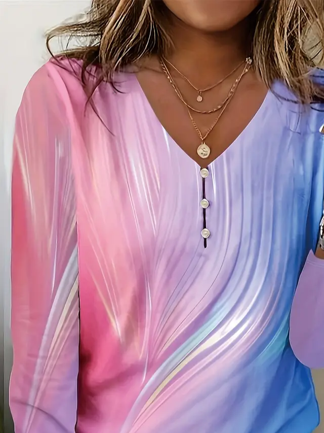 Women Abstract Long Sleeve Tee T-shirt V Neck Printing Casual Spring/Fall Graphic Tee Top