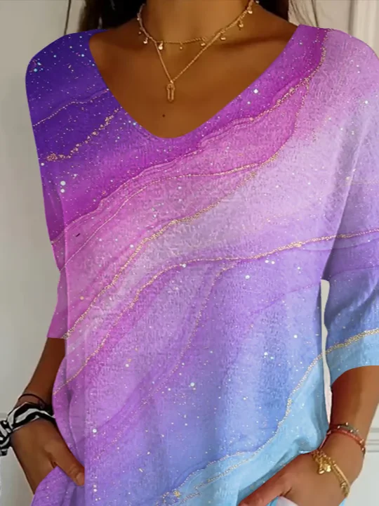 Women Abstract Three Quarter Sleeve Tee T-shirt V Neck Printing Casual Spring/Fall Graphic Tee Top