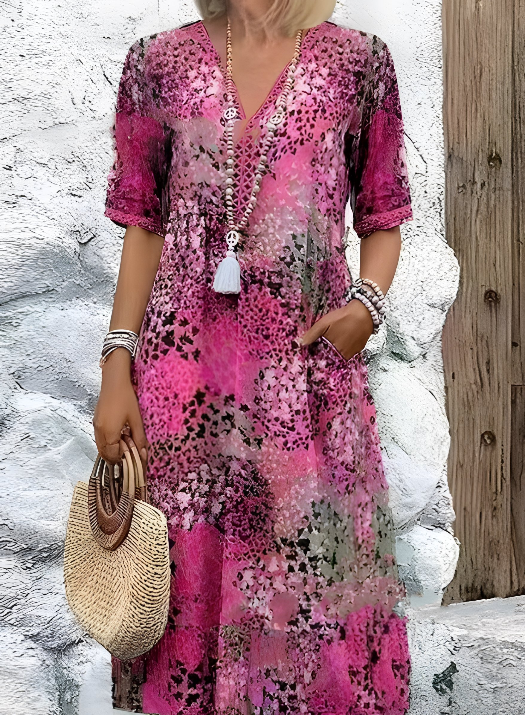 Women Floral Short Sleeve Summer Printing Dress V Neck Daily Vintage Maxi T-Shirt Dress A-Line Dress