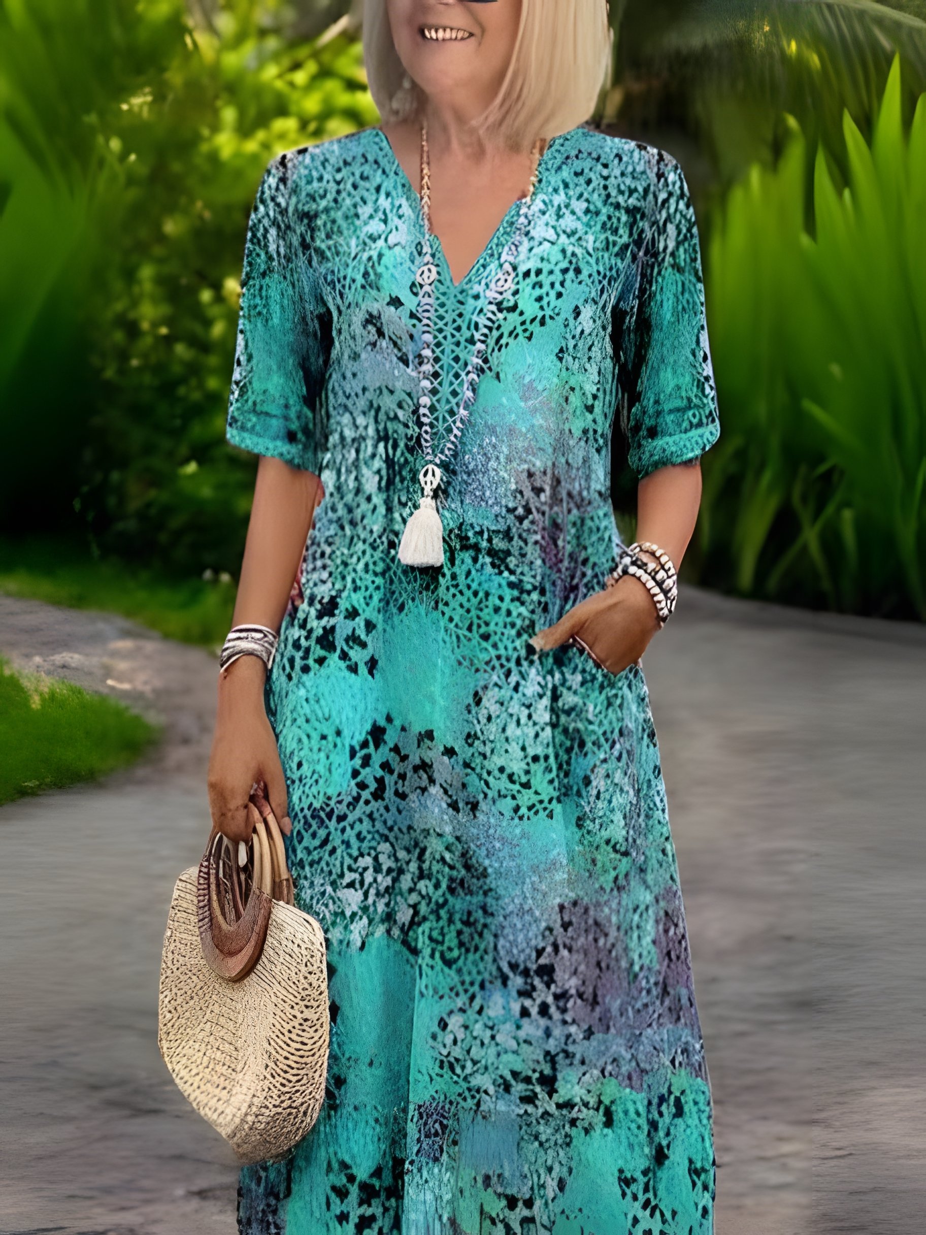 Women Floral Short Sleeve Summer Printing Dress V Neck Daily Vintage Maxi T-Shirt Dress A-Line Dress