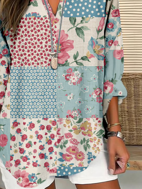Women Floral Long Sleeve Blouse Spring/Fall Printing V Neck Daily Casual Top