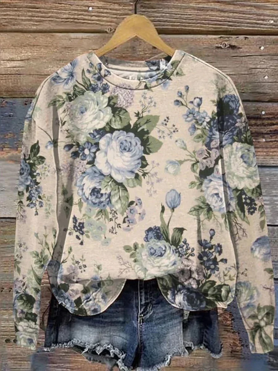 Women Floral Crew Neck Printing Casual Spring/Fall Long Sleeve Sweatshirt