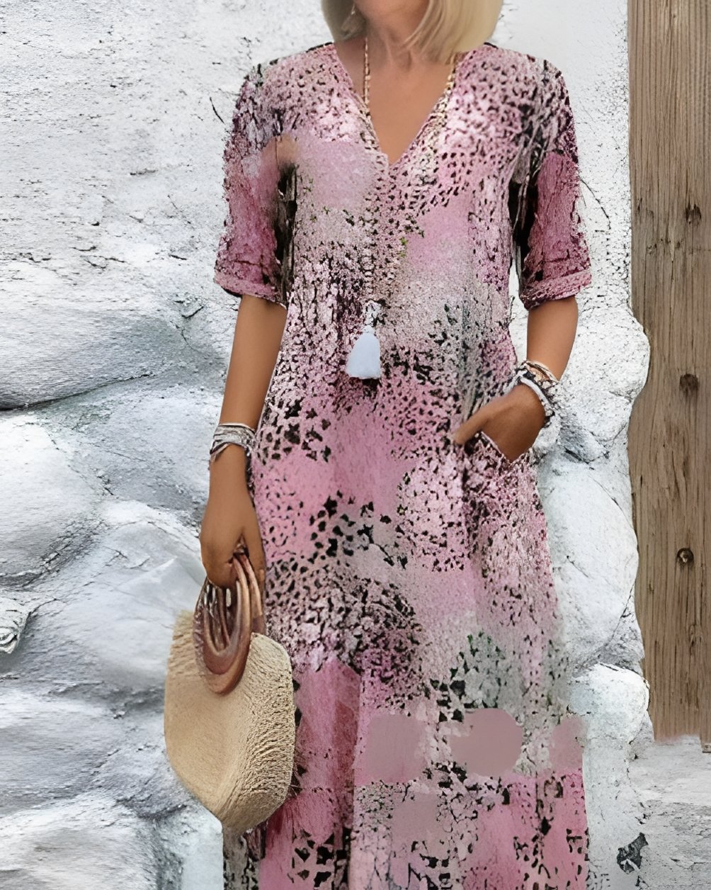 Women Floral Short Sleeve Summer Printing Dress V Neck Daily Vintage Maxi T-Shirt Dress A-Line Dress