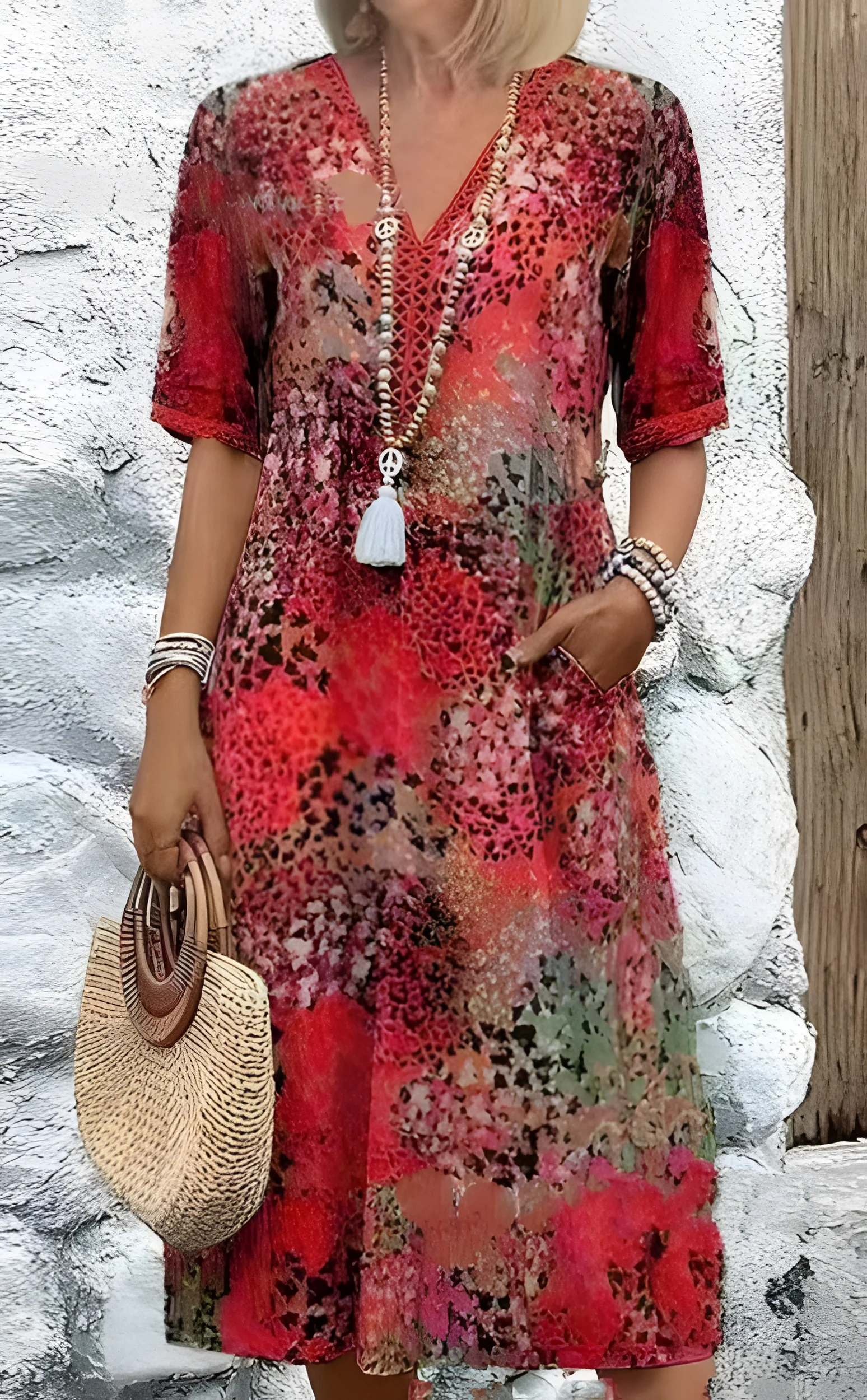 Women Floral Short Sleeve Summer Printing Dress V Neck Daily Vintage Maxi T-Shirt Dress A-Line Dress
