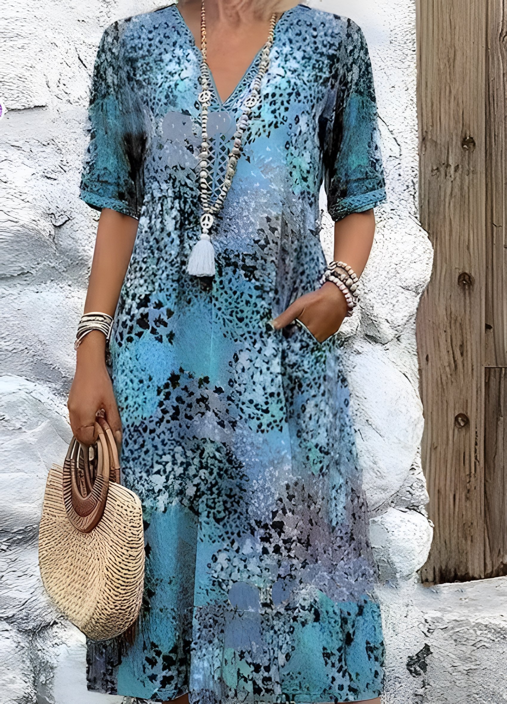 Women Floral Short Sleeve Summer Printing Dress V Neck Daily Vintage Maxi T-Shirt Dress A-Line Dress