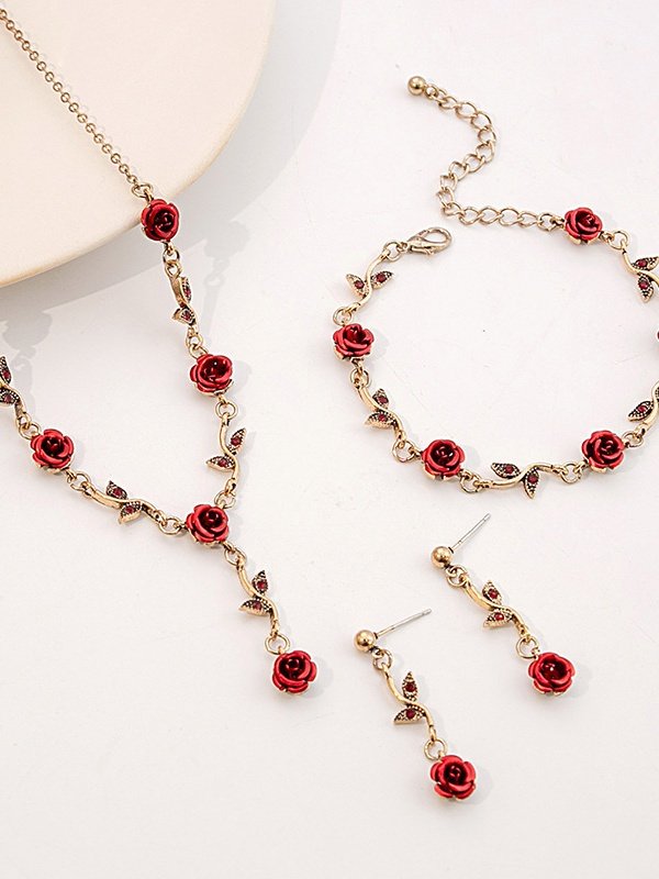 French Retro Flower Jewelry Set Romantic Rose Bracelet Niche Versatile High-end Necklace 3-piece Set