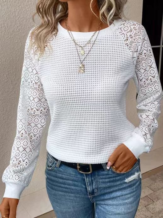 Women Geometric Long Sleeve Tee T-shirt Crew Neck Jacquard Vintage Spring/Fall Top