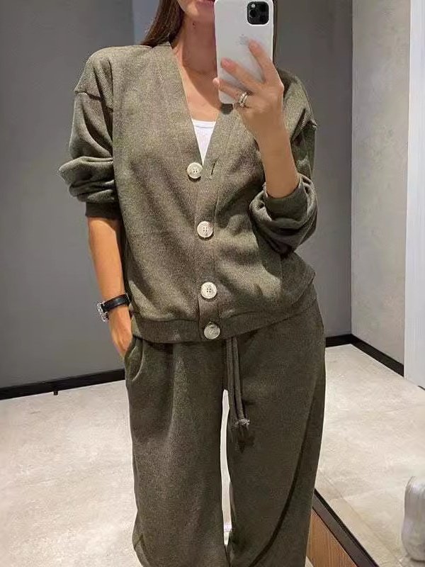 Women Plain Split Joint Two-Piece Set Daily Long Sleeve Casual Spring/Fall Top With Pants Matching Set