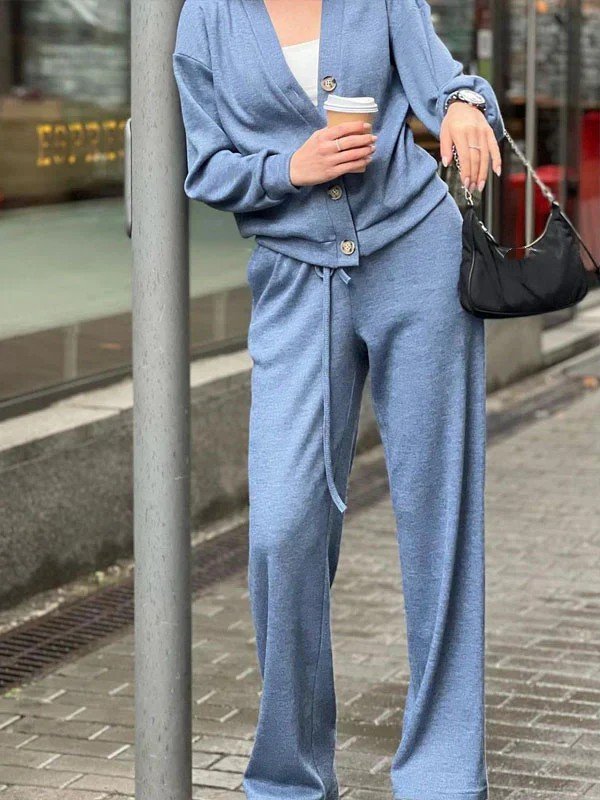 Women Plain Split Joint Two-Piece Set Daily Long Sleeve Casual Spring/Fall Top With Pants Matching Set