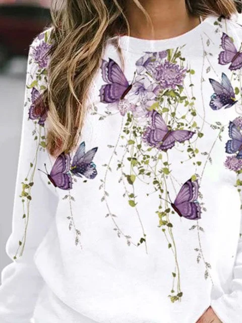 Women Butterfly Crew Neck Printing Casual Spring/Fall Long Sleeve Sweatshirt