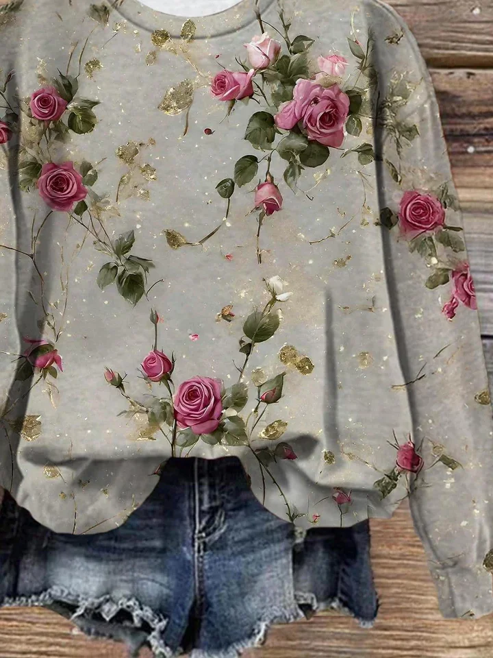 Women Floral Crew Neck Printing Casual Spring/Fall Long Sleeve Sweatshirt